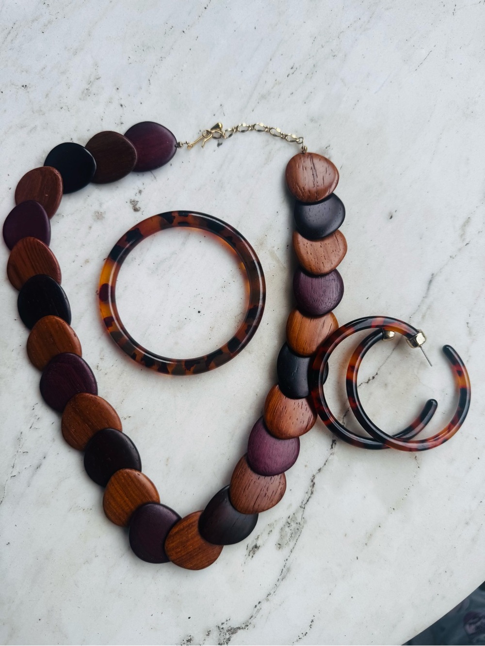 Boho Wood Necklace Set w/ Tortoise Earrings & Bracelet